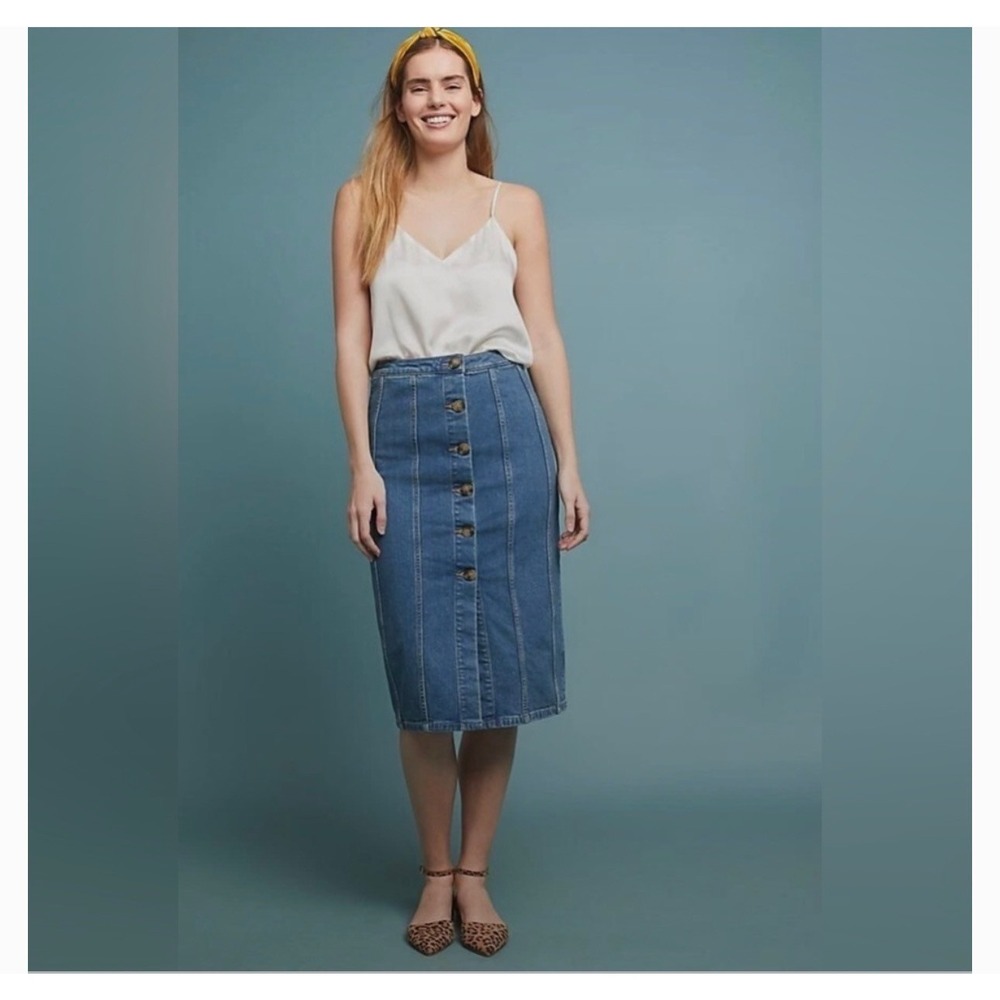 Anthropologie Pilcro Denim Button Front Midi Skirt Blue Size 6 Pencil Slit Boho